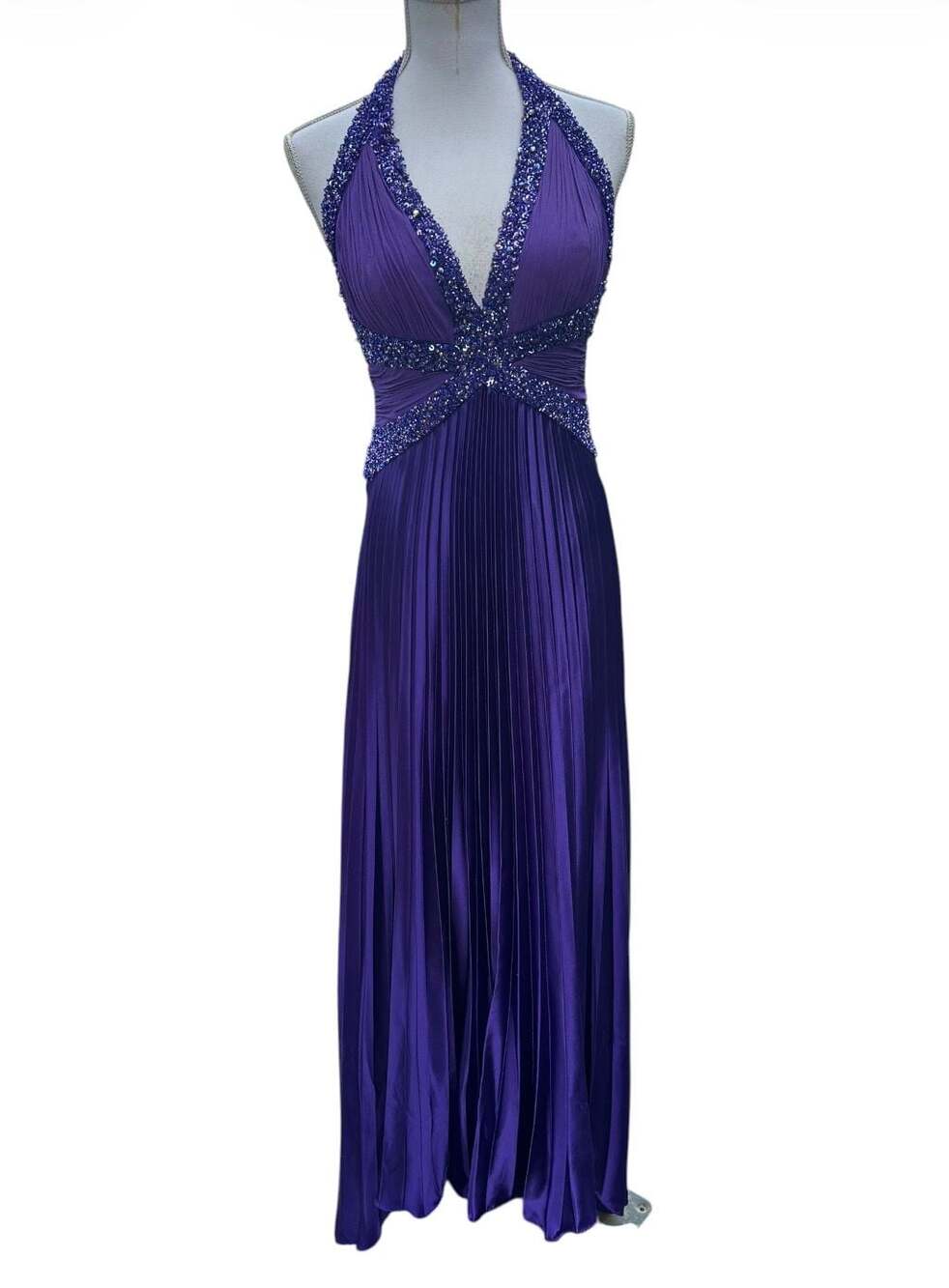 Vintage Dave & Johnny by Laura Ryne Purple Beaded Halter Pleated Gown